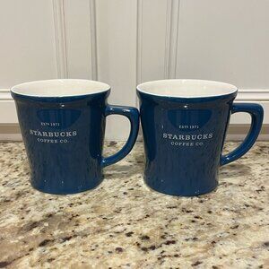 Starbucks Set of Two Blue with White Mugs